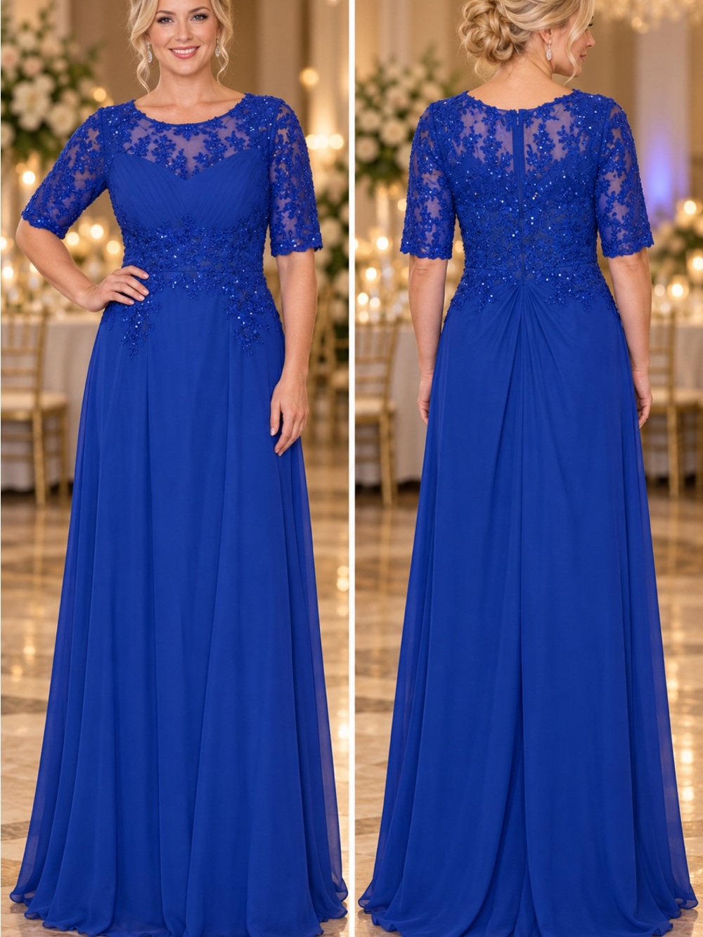Elegant Royal Blue Lace & Beaded Maxi Dress